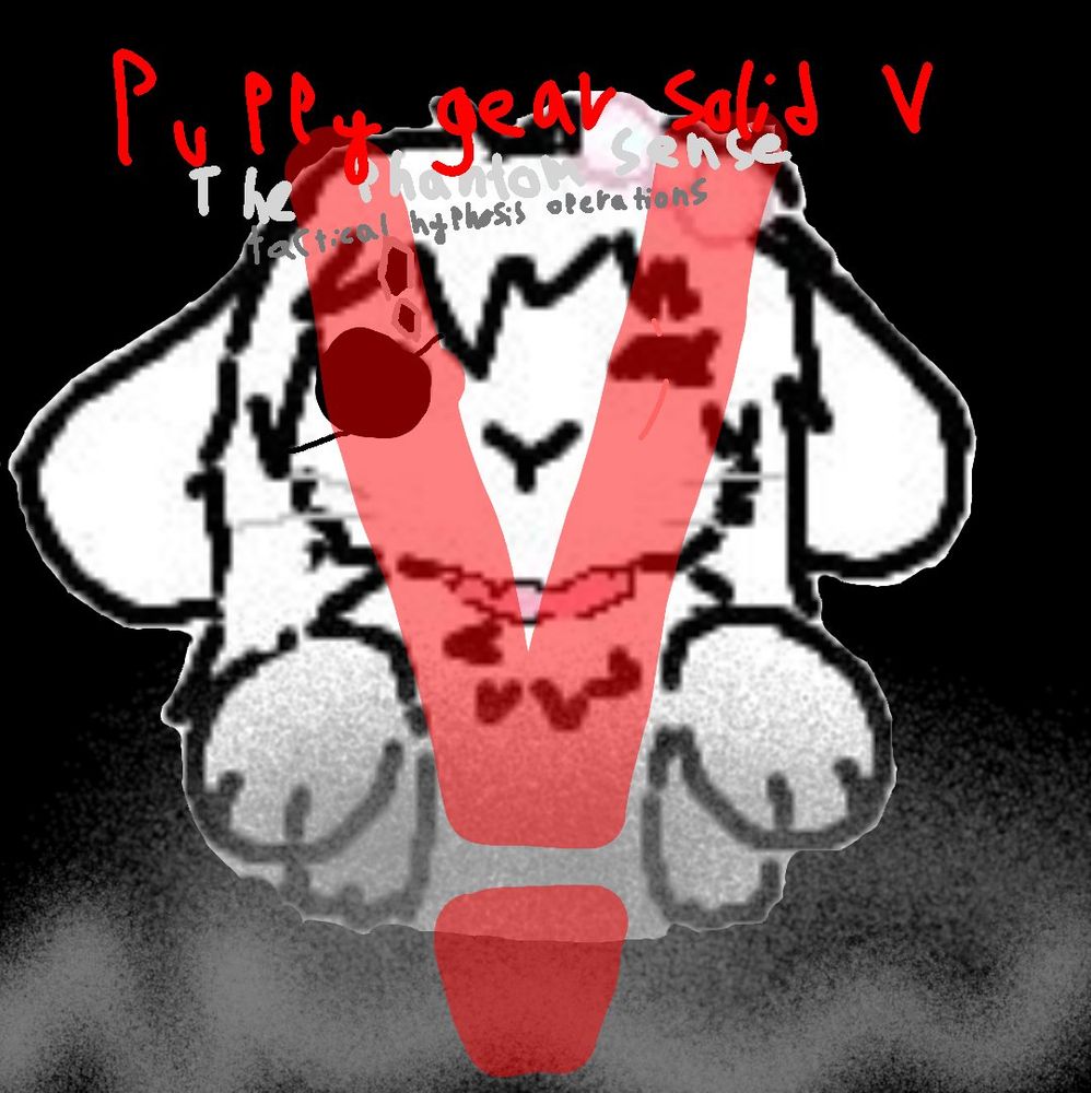 a ms paint drawing of a bunny girl with her paws up, with an eye patch and a big red V over it with the title "puppy gear solid v, the phantom sense, tactical hypnosis operations"
