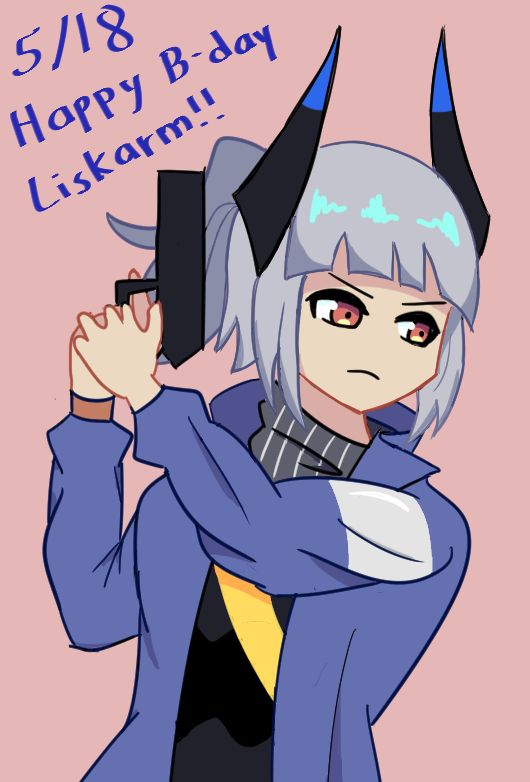A drawing of Liskarm holding up a gun. The text on the top left reads "5/18 Happy B-day Liskarm!!"
