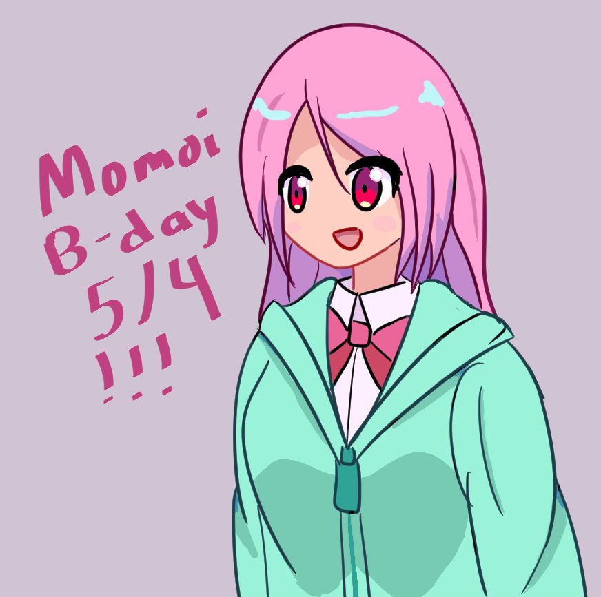 A drawing of Momoi Satsuki. The text reads "Momoi B-day 5/4!!!"