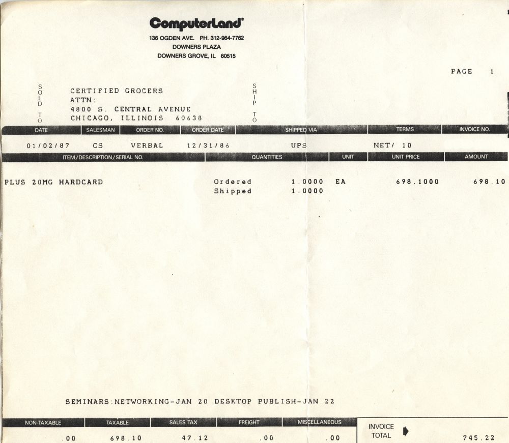 An invoice dated 01/02/1987. The only line item present is a 20 megabyte Hardcard, which is a hard drive expansion card. The line item cost is $698.10, and the total cost with sales tax is $745.22. Some personal information of the original owner was edited out of this.