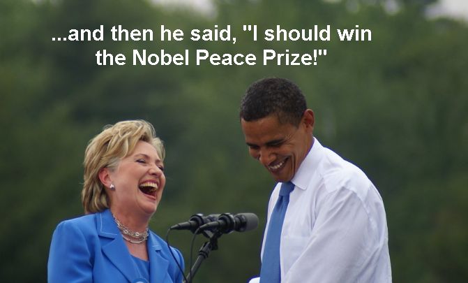 Barak Obama and Hilary Clinton laughing at the idea that Trump actually thought he could win the Nobel Peace Prize.