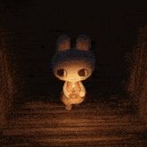 a low-poly animated rabbit in a dress. it's walking down a dark hallway, lit only by the candlestick it holds. it looks around, the camera slightly shaking.