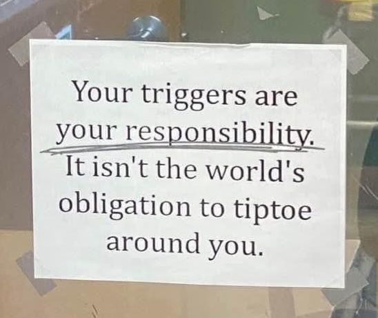 Your triggers are your responsibility. It isn't the world's obligation to tiptoe around you.
