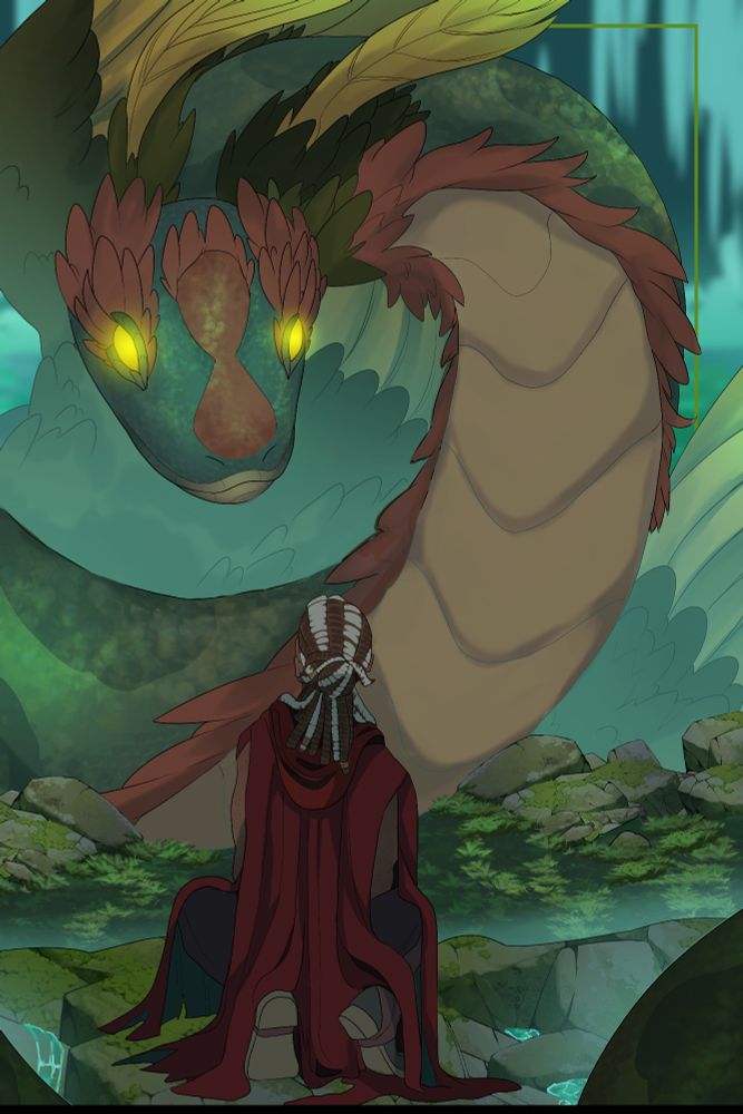 Tyree page from chapter 1. Viktor is sitting and looking up at a giant winged and feathered serpent. 