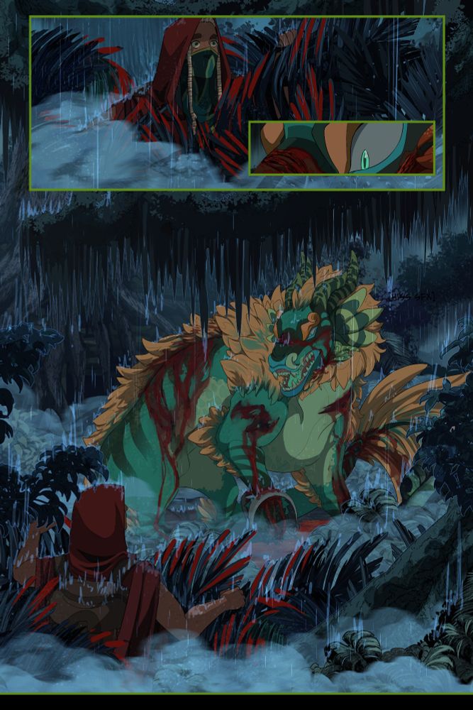 Tyree page from chapter 2. Viktor encountering a wounded dragon in the rain. 