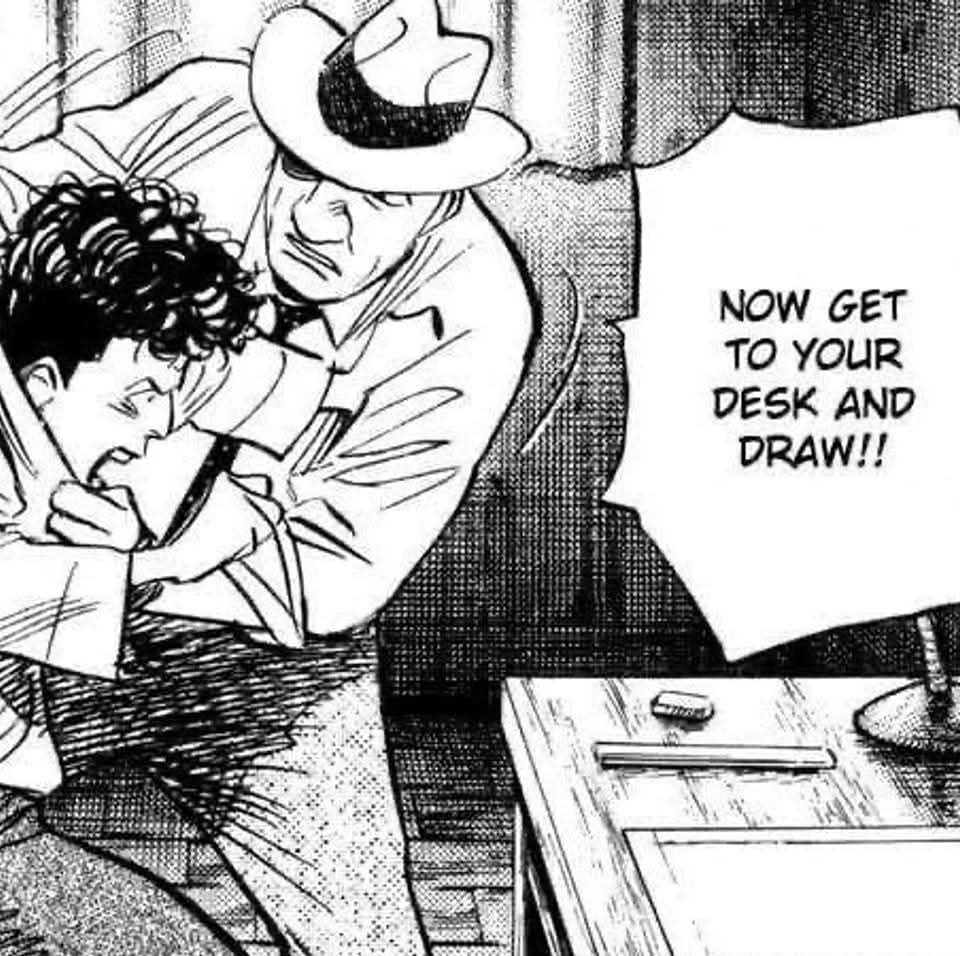 A Screencap of a Manga panel. A man is pulling another man to his desk while shouting "Now get to your desk and draw!!"
