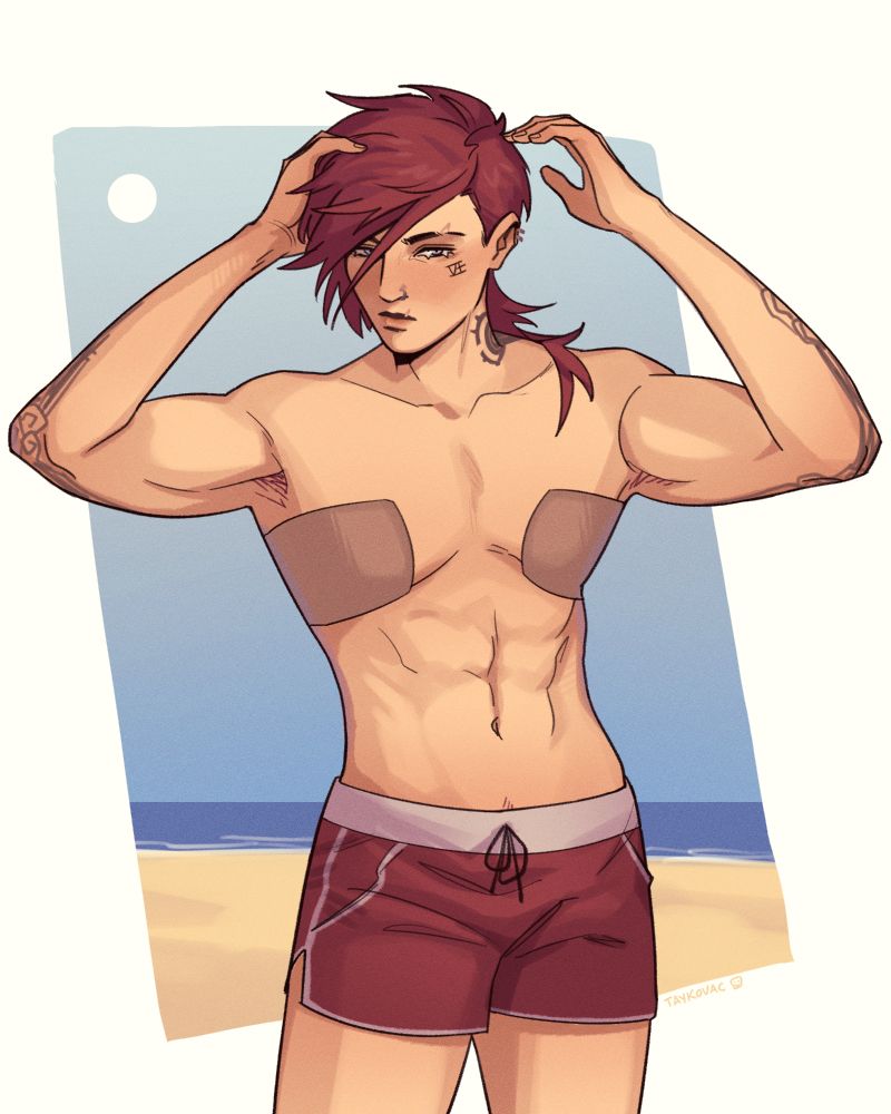 Digital sketch of Vi from Arcane posing casually at the beach. She's wearing red shorts and chest binding tape.