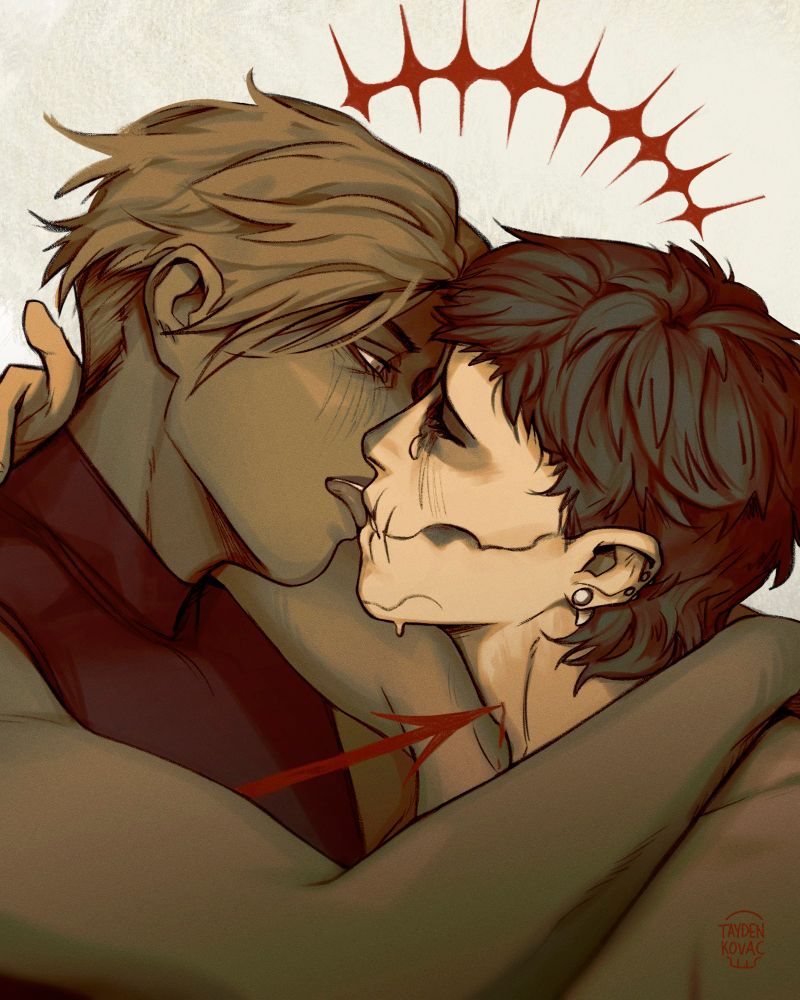Digital painting of Gideon and Harrow from The Locked Tomb trilogy, kissing. A spike spears through Gideon and draws blood at Harrow's neck, who is also crying.