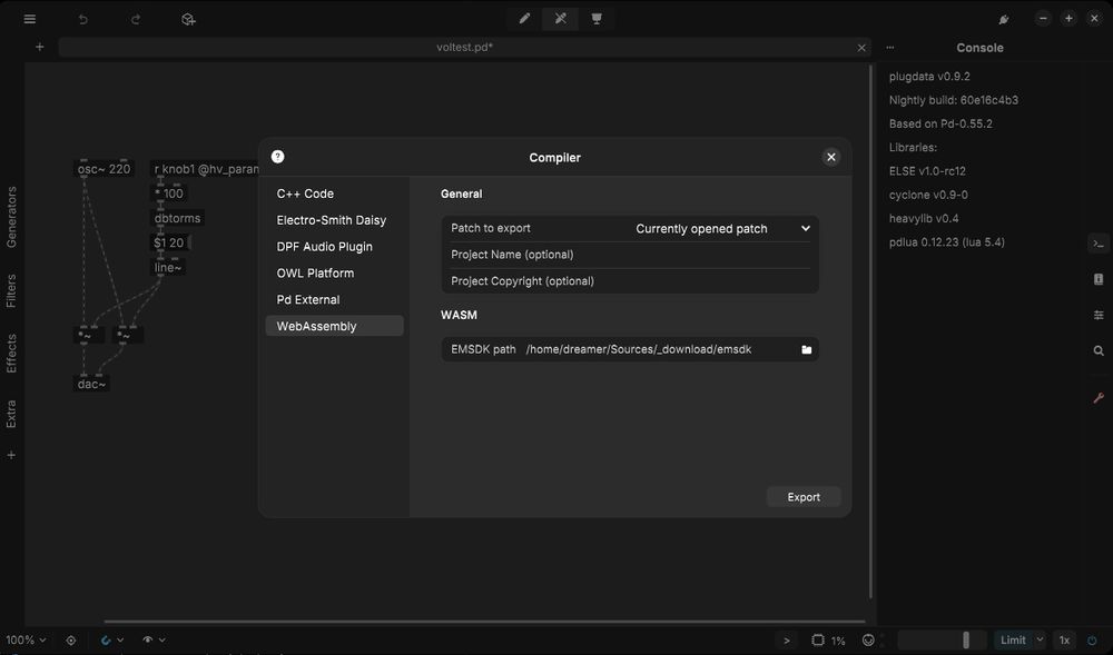 Plugdata compile dialog showing new webassembly configuration