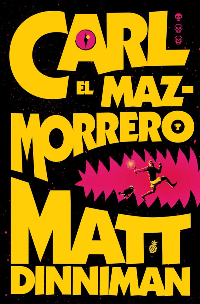 La imagen es la portada del libro "Carl el Mazmorrero" de Matt Dinniman. El título "CARL EL MAZMORRERO" domina la mitad superior de la portada con grandes letras amarillas, sobre un fondo negro con pequeñas motas blancas. La "O" en "MAZMORRERO" está reemplazada por un icono que parece un ojo.

Debajo del título, una ilustración estilizada representa a un hombre (Carl)  corriendo o saltando hacia la derecha, sosteniendo una antorcha. A su lado, una gata. Ambos están silueteados contra una forma rosada brillante y dentada que se asemeja a la boca de un monstruo o una explosión de energía.

En la parte inferior de la portada, el nombre del autor, "MATT DINNIMAN", se muestra con grandes letras amarillas.