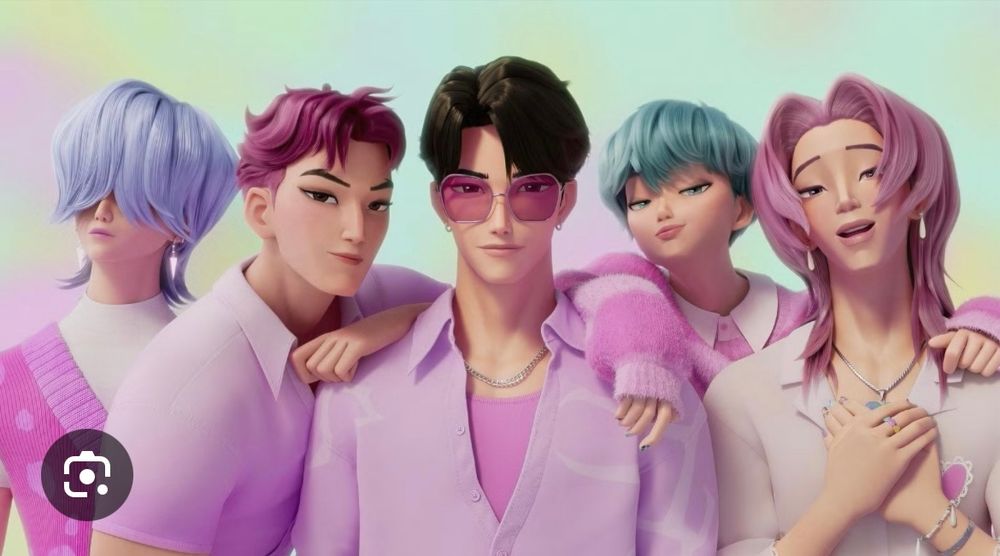 Image of five boys in a row all dressed in pink. First has grey/blue hair, second has short dark pink hair, third has black hair, fourth has turquoise hair and fifth has long  pink hair.