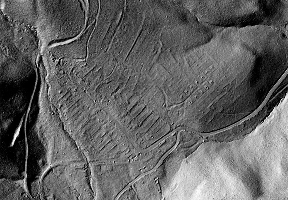 hillshade image of the former site of Lignite, Virginia, with some building footprints and abandoned streets still clearly visible