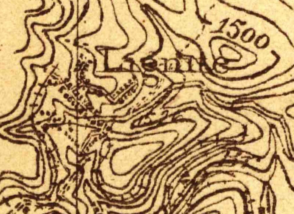 A 1913 topographic map zoomed in on Lignite, showing the layout of its streets