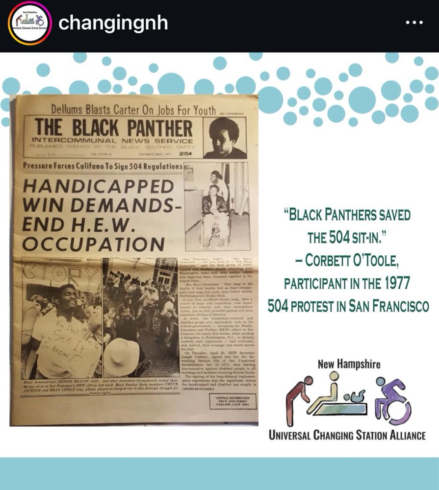An image of a newspaper saying that the 504 protest was won and a quote 
"BLACK PANTHERS SAVED
THE 504 SIT-IN."
- CORBETT O'TOOLE, PARTICIPANT IN THE 1977
504 PROTEST IN SAN FRANCISC