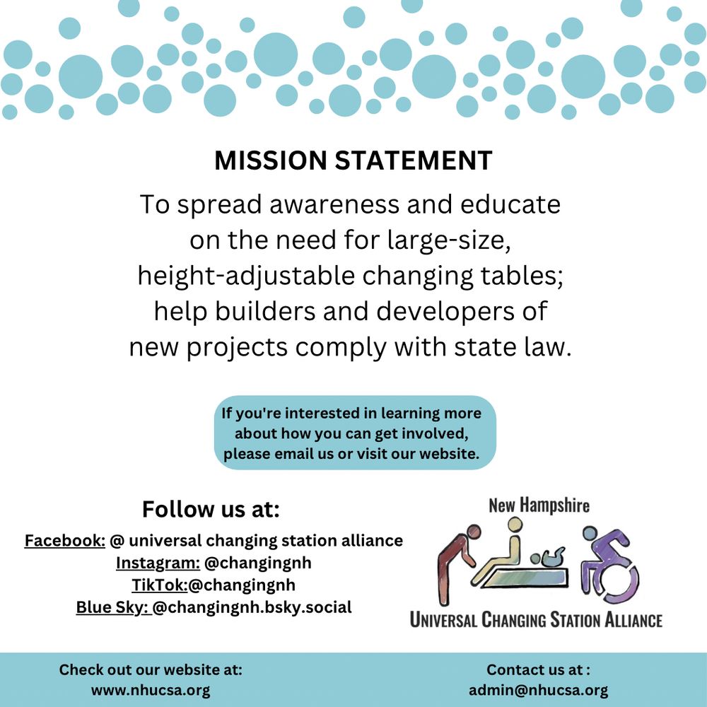 Infographic  with blue dots at the top and the NHUCSA logo at the bottom right. that says “MISSION STATEMENT
To spread awareness and educate on the need for large-size,
height-adjustable changing tables; help builders and developers of new projects comply with state law.
If you're interested in learning more about how you can get involved, please email us or visit our website.” And social media links and general contacts info: Follow us at:
Facebook: @ universal changing station alliance
Instagram: @changingnh
TikTok:@changingnh
Blue Sky: @changingnh.bsky.social
