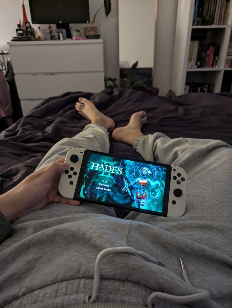 Me laying in bed wearing gray pants holding my switch showing Hades 2