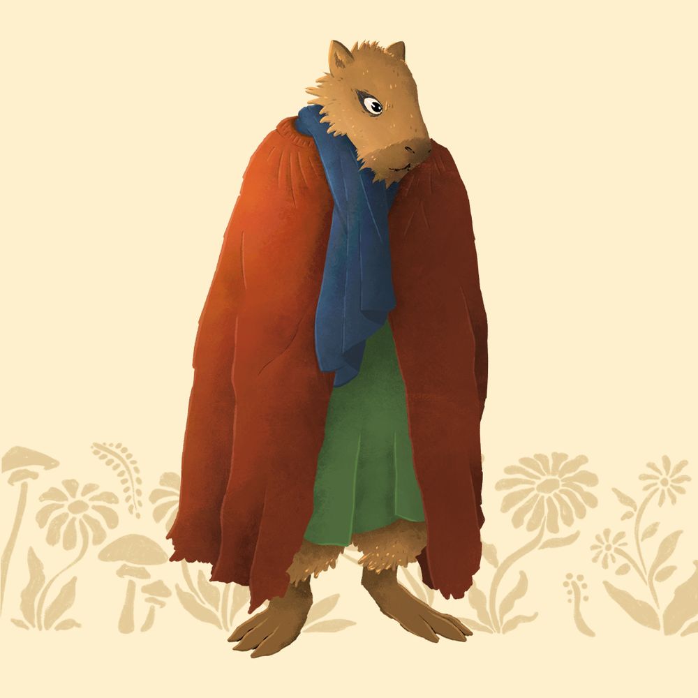 Illustration of an anthropomorphic character with a rodent-like appearance. It has caramel-colored fur and wears a blue scarf and a green tunic under a frayed red cloak that covers almost his entire body.