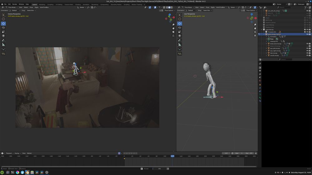 Screenshot of Blender software, showing a clay model of a humanoid figure placed on video footage of an actress whose body is distorted painfully, bent backwards. It's a workbench render to test animation and not the final Cycles render.