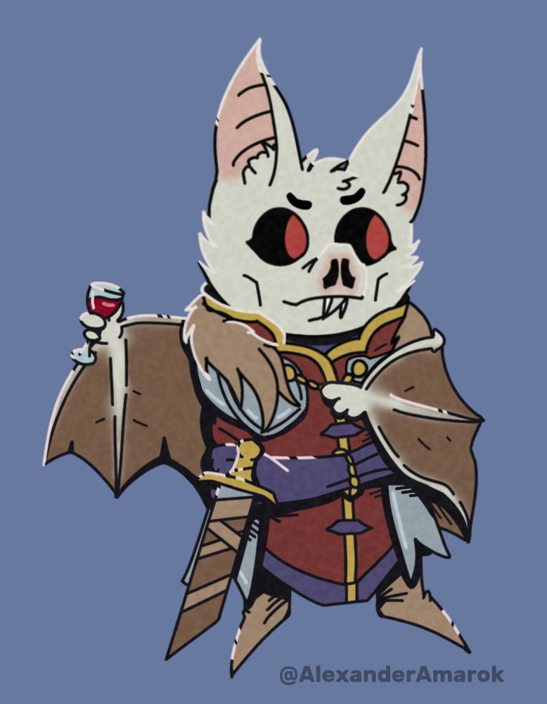 Une chauve-souris vampire à la fourrure blanche, aux yeux rouges et aux ailes blanches, habillé d'un habit de noble rouge et bleu, tenant un verre de vin / sang en patte.