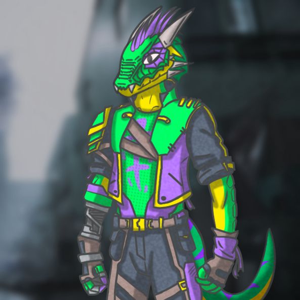 L'avatar de GexDragon avec une tenue punk inspirée d'une tenue de Spiderman 2, avec ses couleurs (violet, vert & jaune). Il a une crête violette.