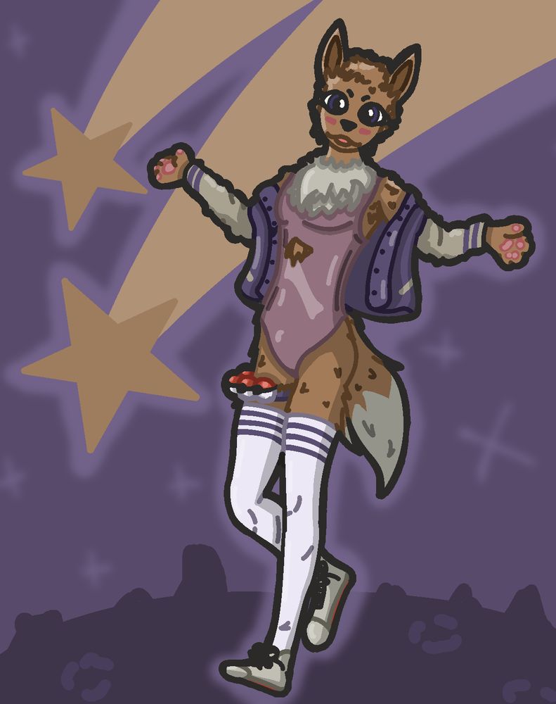 Un Evoli furry avec une veste violette et brune, un léotard mauve, une ceinture de pokeballs a la jambe, des grandes chaussettes blanches et des chaussures grises. Avec un fond mauve, 2 étoiles filantes en fond, et une surface rocheuse style lunaire.