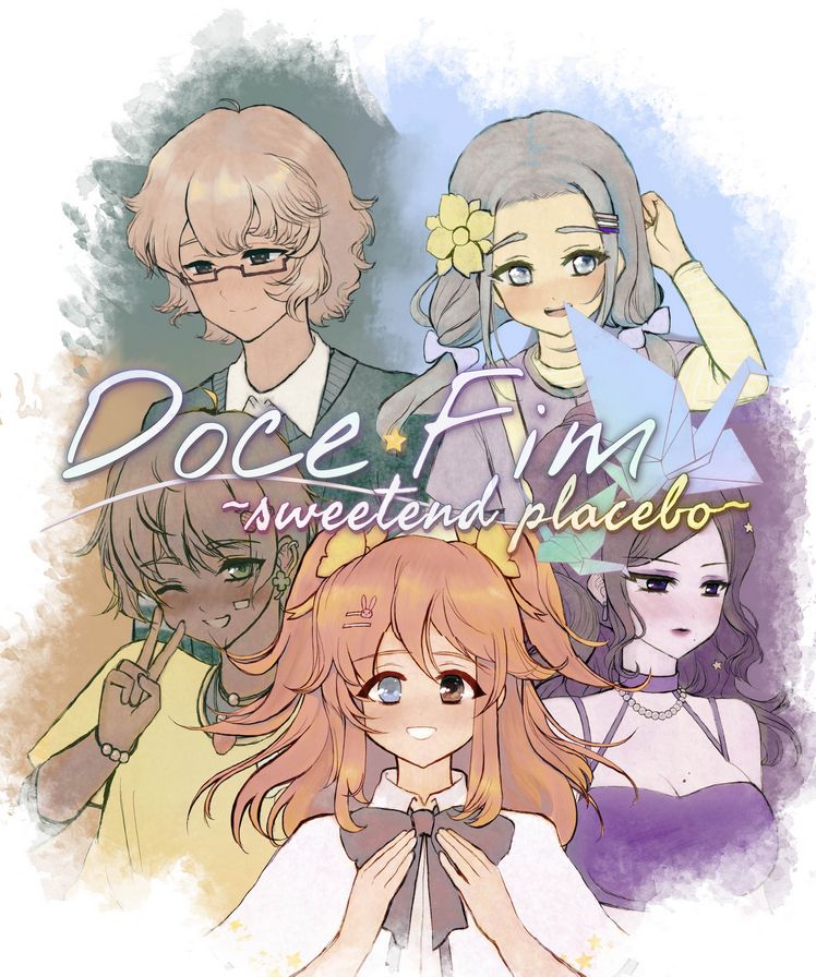 Promotional artwork for Doce Fim, a videogame currently in the development, showcasing most of its main cast. The backgrounds has a watercolor-like effect behind each character.