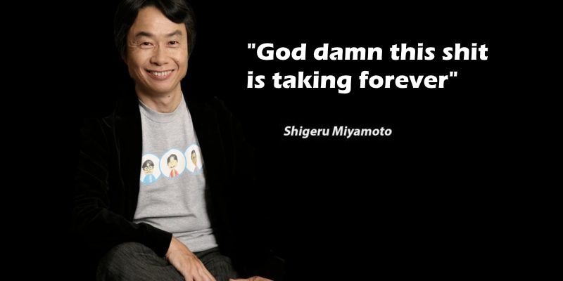 shigeru miyamoto smiles at the camera. he says "God damn this shit is taking forever"