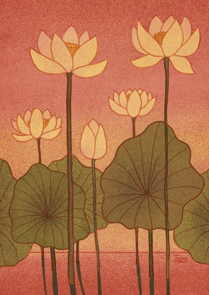 A digital illustration of five lotus flowers in the water.