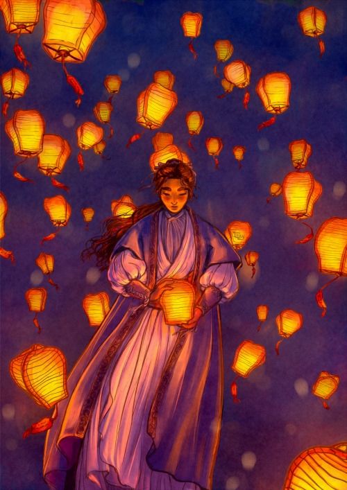 Digital illustration of Endres, a young man with long hair and festive attire, standing amids a see of floating and glowing sky lanterns at night while holding one lantern with both hands, a serene expression on his face.