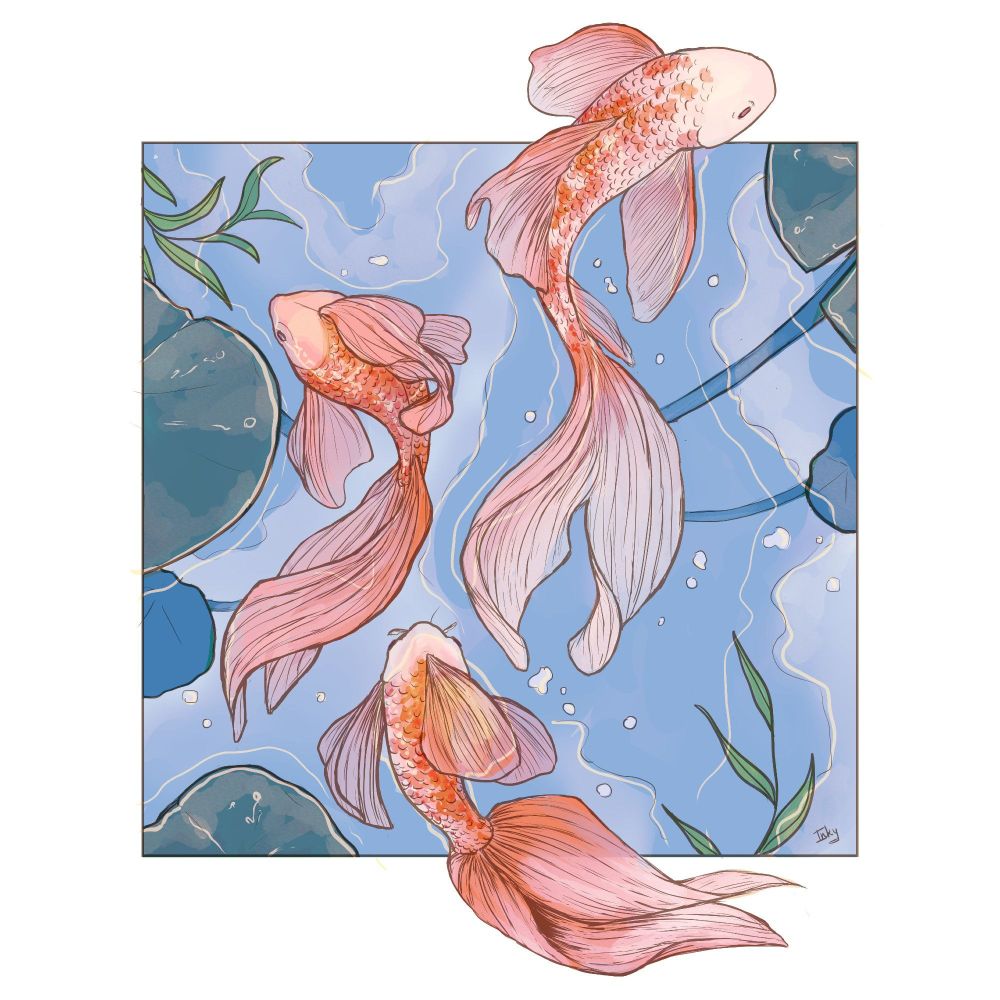 Digital illustration of three different goldfish swimming through the water, framed by lily pads and willow leaves.