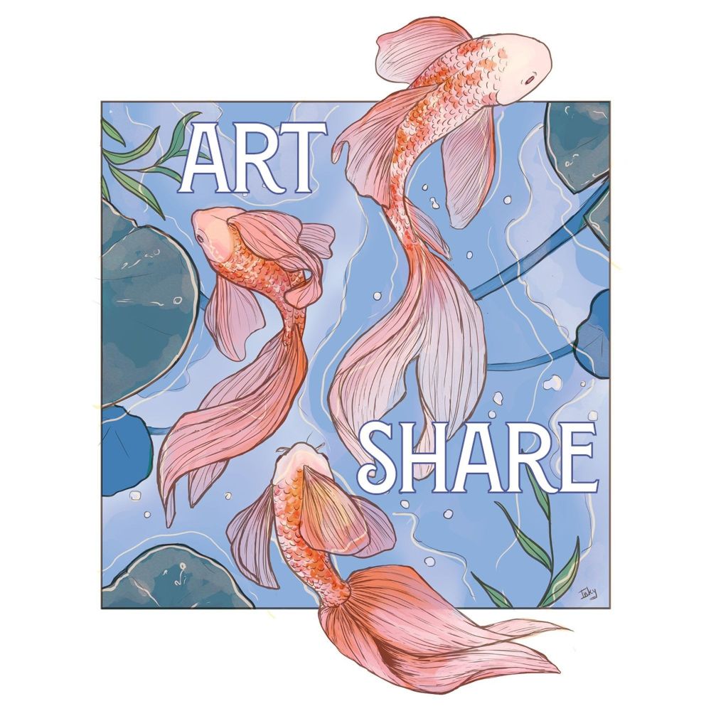 Digital art of three goldfish swimming between lilypads and willow leaves. The words "Art Share" are written across it.