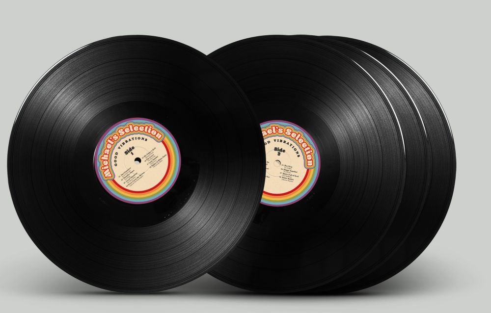 Photo mockup of 4 black vinyl LPs with two showing the label. The outer edge of the label is a rainbow band on top of which it reads "Michael's Selection" in bold funky font with a rainbow edge. Underneath that on off-white ground in a smaller serif font it reads "GOOD VIBRATIONS" FOLLOWING THE CURVE. Underneath that, it reads "Side 1" on one label and "Side 2" on the other label. left and right of the hole in the middle are a column each with the track number, the featured song titles, and the artist.