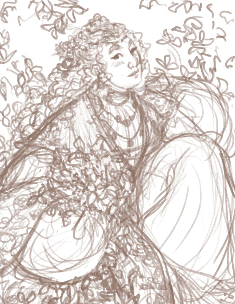 Digital sketch of Saoirse sitting on the ground with her left leg pulled towards her body and her arm resting on it with her head cushioned in her palm. In her right arm she holds a bouquet of trilium with flowers scattered around her. She is also surrounded by trilium in the background. Her clothes are heavily embroidered.