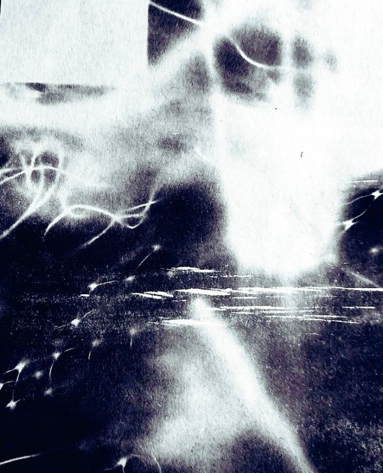 Black and white tonal image with abstract shapes and lines. 