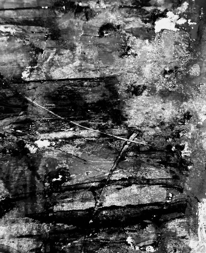Black and white atmospheric drawing of shapes, textures and lines