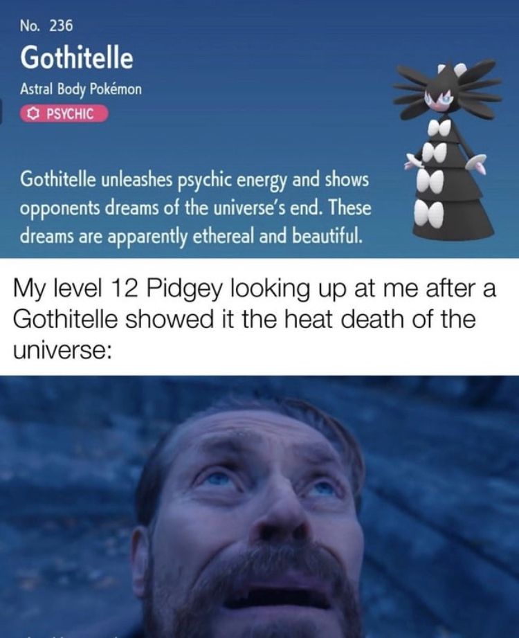 Pokédex entry of the Pokémon Gothitelle: Gothitelle unleashes psychic energy and shows opponents dreams of the universe's end. These dreams are apparently ethereal and beautiful.

Text over Willem Dafoe looking up toward the moon: My level 12 Pidgey looking up at me after a Gothitelle showed it the heat death of the universe: