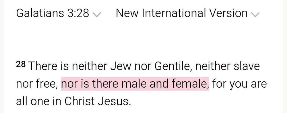 Galatians 3:28. New International Version.

There is neither Jew nor Gentile, neither slave nor free, *nor is there male and female*, for you are all one in Christ Jesus.