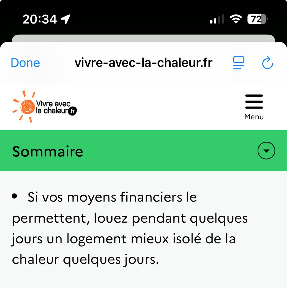 Site du gouvernement « vivre avec la chaleur.fr » qui liste dans ses astuces : « si vos moyens financiers le permettent, louez pendant quelques jours un logement mieux isolé de la chaleur quelques jours ».