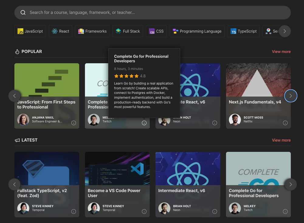 New courses list page on Frontend Masters
