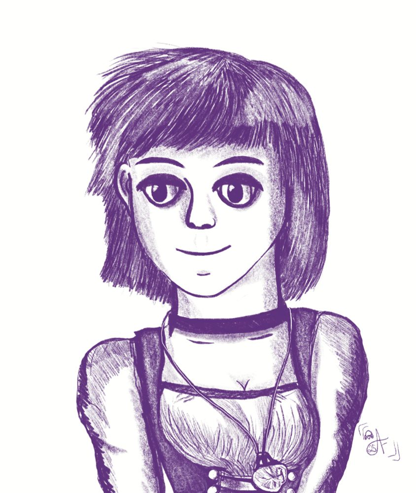 A digital pencil sketch of Garnet from Final Fantasy 9 looking off to the right. She has short hair, a choker around her neck, and a long necklace with a gem on the end of it.