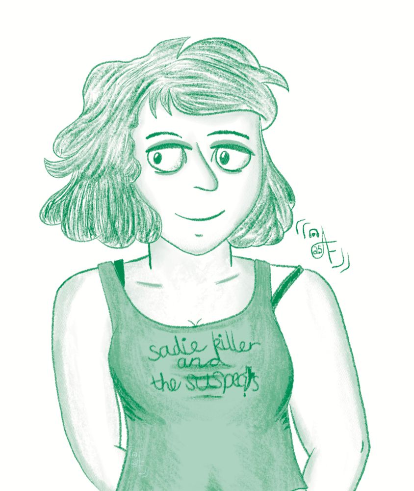 A slightly older Sadie from Steven Universe, looking off to the side. Wearing a tank top with her band name written across it.