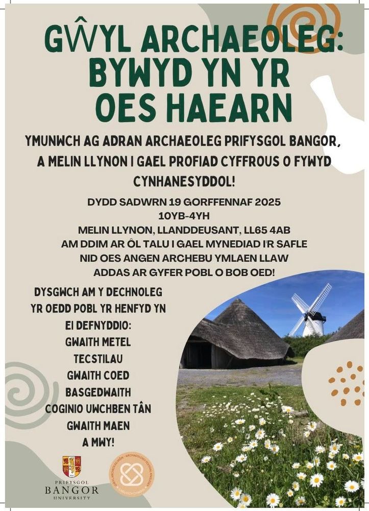 Ymunwch â’n harchaeolegwyr gwych ym Melin Llynon ar ddydd Sadwrn 19 Gorffennaf 10-4 i ddathlu archaeoleg Oes Haearn gwefreiddiol gogledd Cymru! Bydd y diwrnod yn cynnwys trin gwrthrychau o @orielynysmon (gan gynnwys replicas o Llyn Cerrig Bach), arddangosfa ‘pop-up’ archaeolegol a chrefftau i bobl o bob oed gael mwynhau 