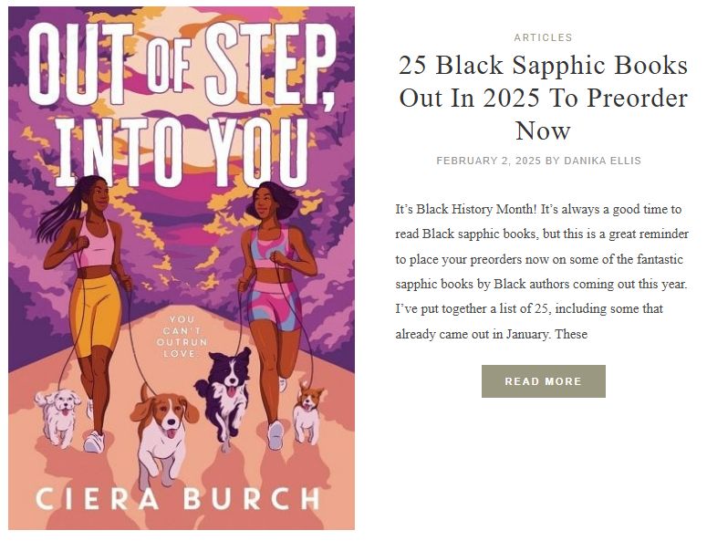 the cover of Out of Step, Into You beside a blog spot titles 25 Black Sapphic Books Out in 2025 to Preorder Now