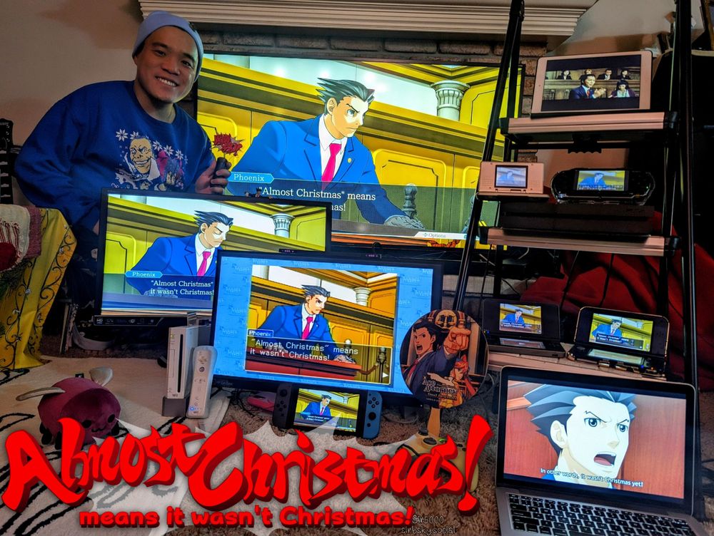 me standing around 10 different version of the "Almost Christmas" scene from Phoenix Wright: Ace Attorney