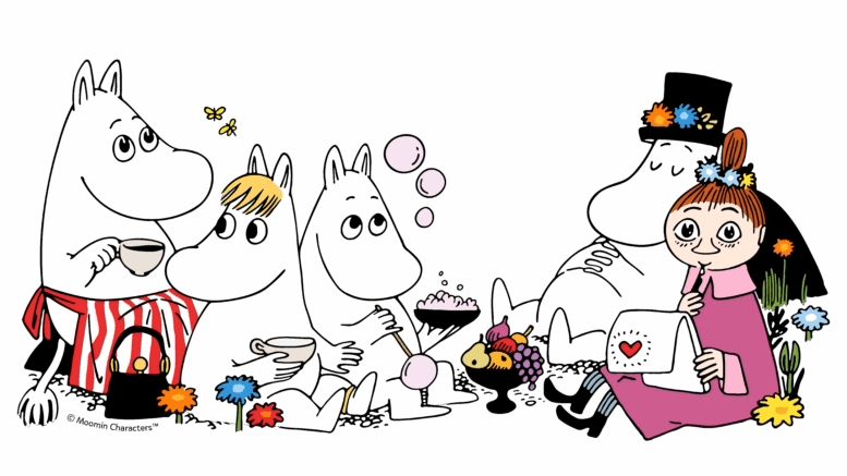 The Moomins will visit Ferens Art Gallery in 2026. Image of Moomins sat with cups in their hands.