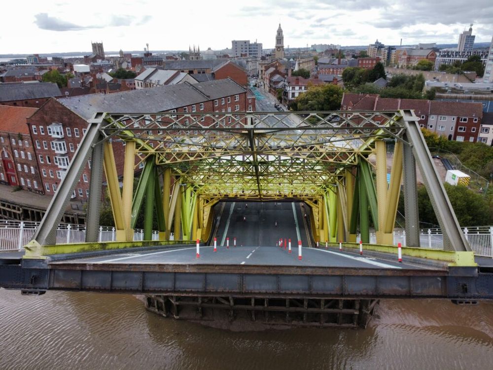 Drone photo from Undercover Drone. Photo looking down the open of Drypool Bridge with the river visible beneath.