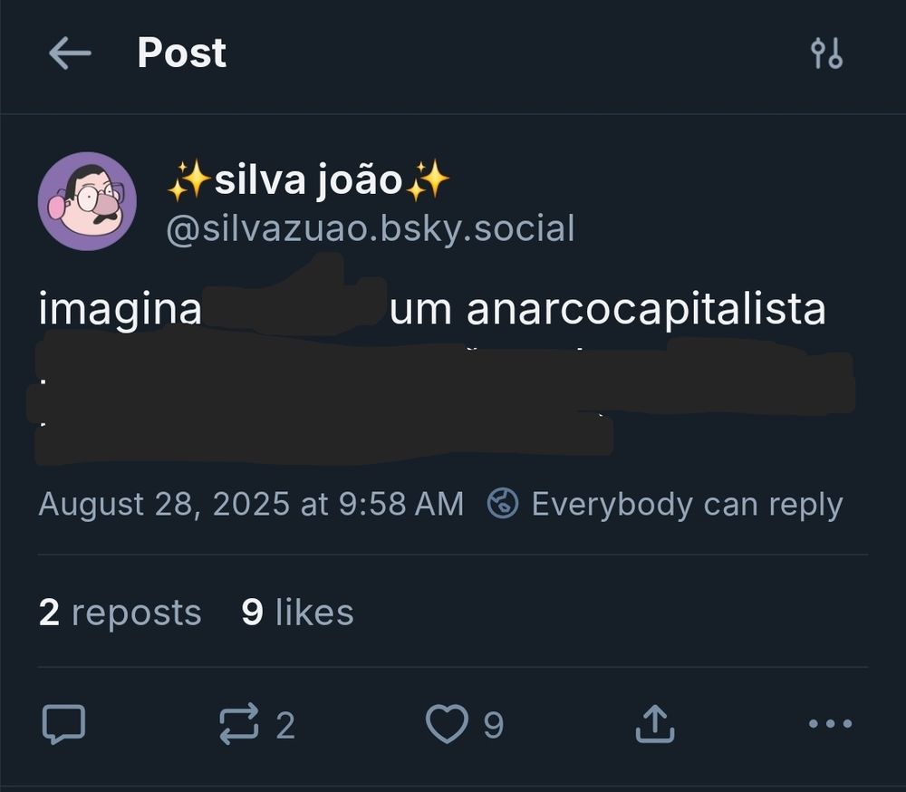 Mesmo tweet do silva João dizendo "Imagina um anarcocapitalista" com o restante das palavras originais do tweet apagadas