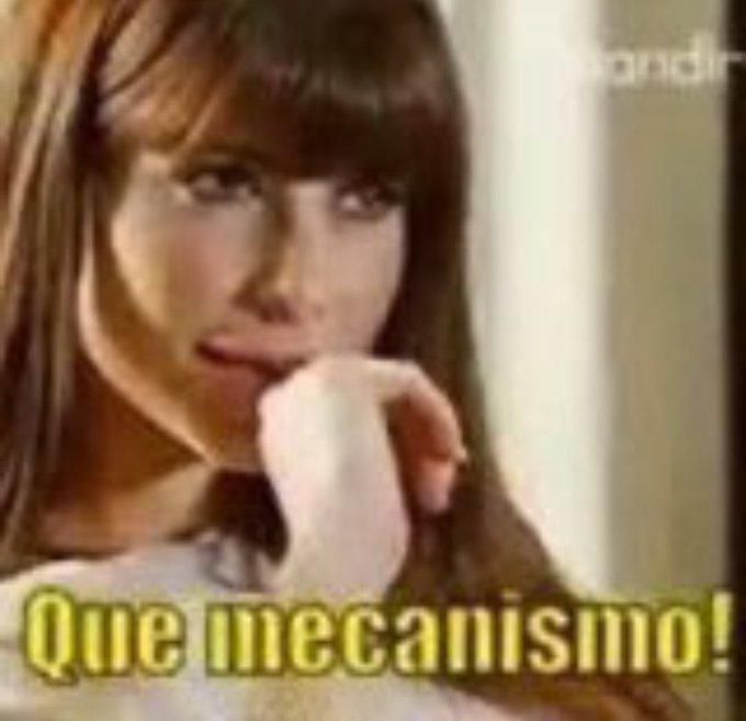 Meme da Alinne Moraes onde seu rosto  está com uma expressão pensativa, embaixo escrito "Que mecanismo!"