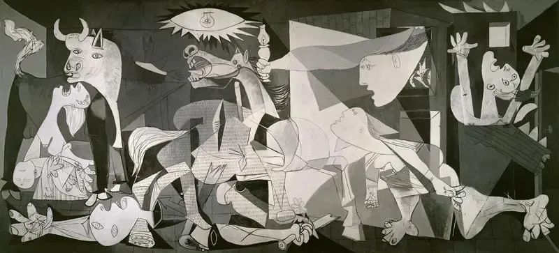 Massacre masterpiece: Pablo Picasso’s “Guernica” depicts the massacre of innocents during the Spanish Civil War between Fascists and Nationalists in the years leading up to World War II. The painting employs elements of Picasso’s earlier Cubist style to invoke the chaos of war while also using a cartoon style that predates 1950s animation and which, in the painting, strongly conveys horror and despair. Figures in the composition include a gored horse, a cross-eyed bull, screaming people, a dead baby and its utterly despairing mother, a dismembered soldier, burning buildings, and an image at the top that simultaneously invokes the sun, an electric overhead light, and the eye of God. I used this because a photo of Gaza would be too disturbing and (I feared) might trivialize that ongoing atrocity, but in my mind, the actions of the IDF in Gaza appear to be Trump’s endgame for Americans of color, visitors of color, and everyone else he hates or who dares to criticize him.