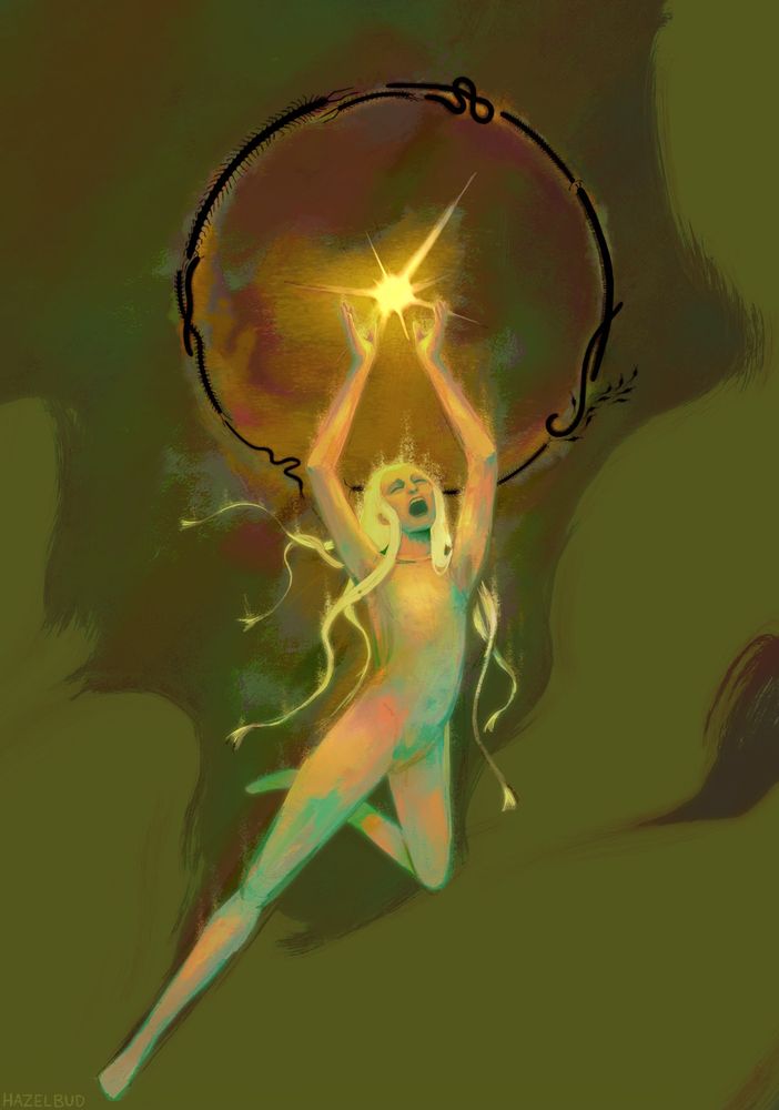 A figure, leaping and reaching towards a ball of light streaking out like a star. His face is in anguish, his skin and hair dissolving into noise, stretching up to the light. Surrounding the star is a circle of millipedes, centipedes and a few silverfish. The figure has iridescent skin, like an Opal stone. Behind him is a murky green background, with hues of red and blue. Closer to the figure and the star, the background turns yellow, blue and green, echoing the hues of the figures skin